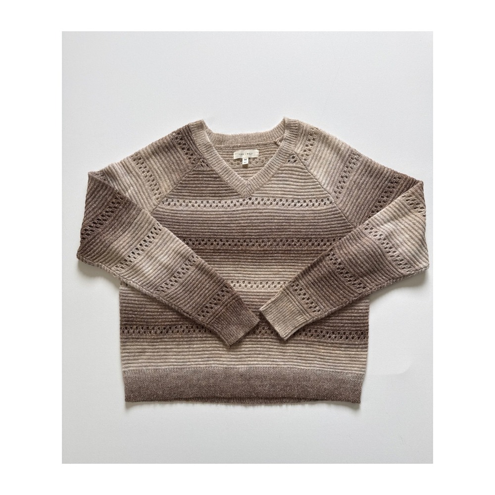 Cleo + Wolf Womens Brown Ombre Striped Pointelle V-Neck Raglan Sweater Medium